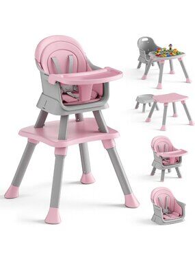 Convertible 8-in-1 Baby High Chair & Feeding Seat - Pink & Gray, Space-Saving